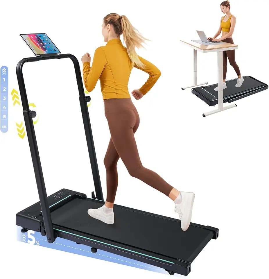 GORISE Walking Pad Treadmill with Adjustable Height Handle Bar and Incline, 3HP Quiet Foldable Under Desk Treadmill, Portable Treadmills for Home 350LBS with Remote Control LED Display