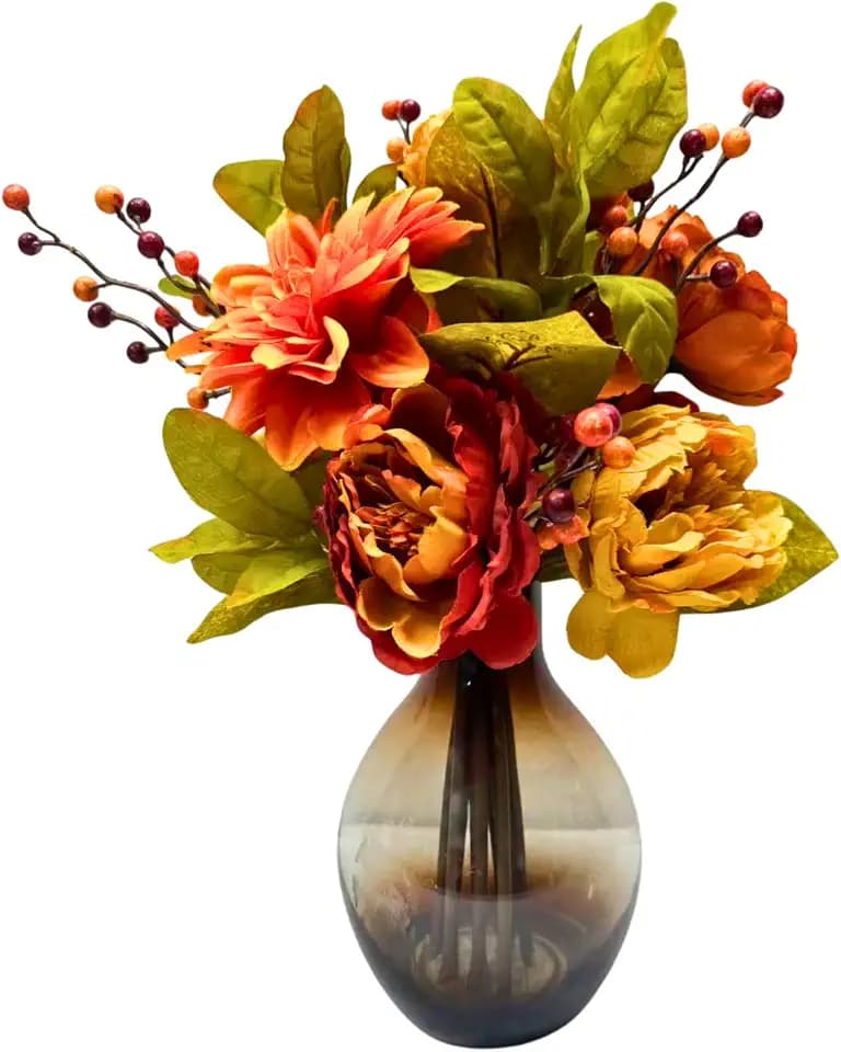 Svndlyn Fall Floral Arrangement with Faux Peonies, Dahlias and Glass Vase