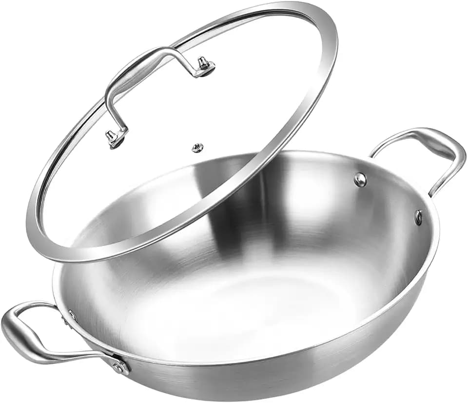 Inqibee 10 Inch Stainless Steel Wok Pan with Lid, Riveted Handle