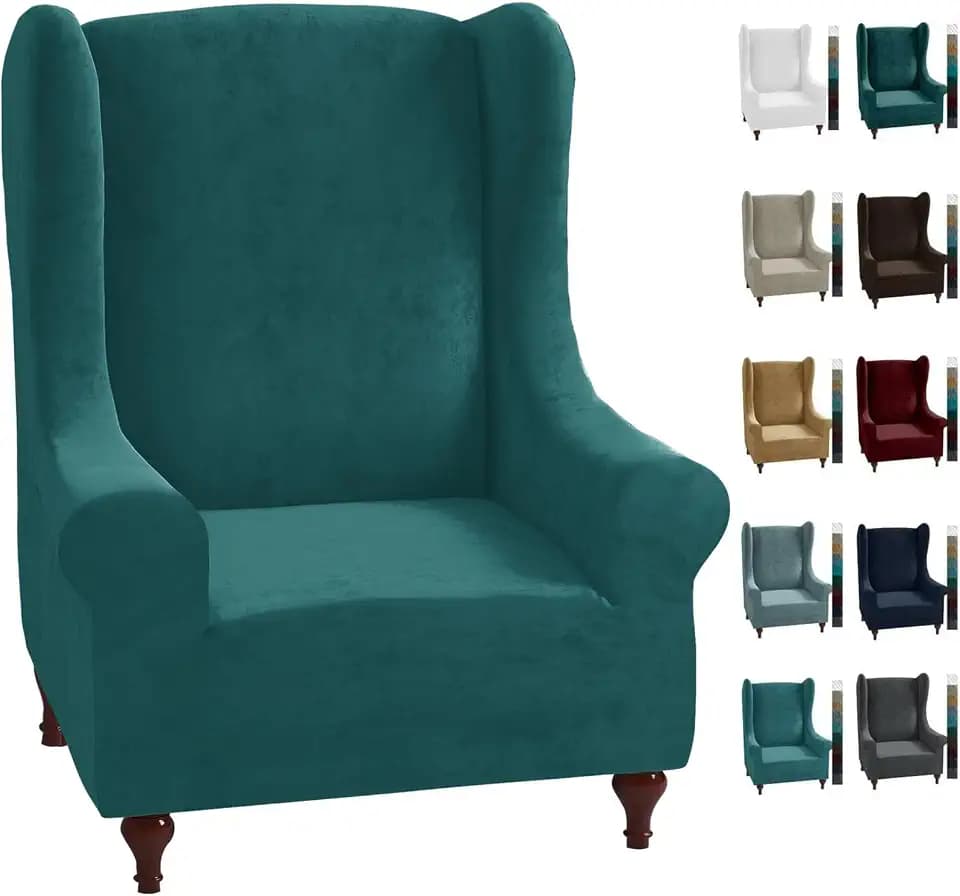 MAXIJIN Stretch Velvet Wingback Chair Slipcover 1-Piece Soft Stylish Plush Slipcovers for Wingback Chairs Thick Rich Velvet Wing Chair Cover with Elastic Bottom (Wing Chair, Blackish Green)