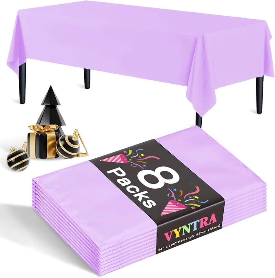 Vyntra 8 Pack Lavender Plastic Tablecloths, Disposable Party Table Covers for Halloween, Friendsgiving, New Year’s Eve & Birthdays