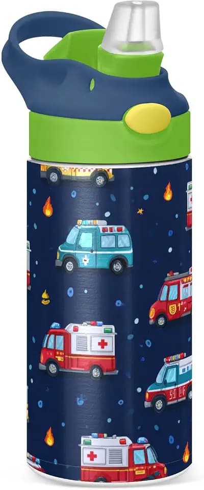 Boccsty Cartoon Ambulance Car Kids Water Bottle with Straw Lid Firefighter Fire Truck Insulated Stainless Steel Reusable Tumbler for Boys Girls Toddlers 12 oz Green