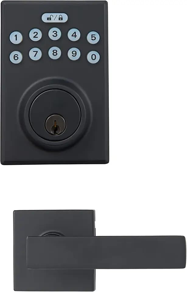 Amazon Basics Contemporary Electronic Keypad Door Lock, Keyless Entry Deadbolt with Handle Set, Easy Installation, Matte Black