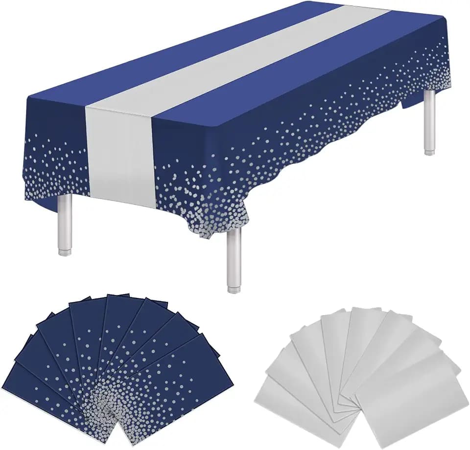 16 Packs Disposable Tablecloth and Satin Table Runner, Blue and Silver