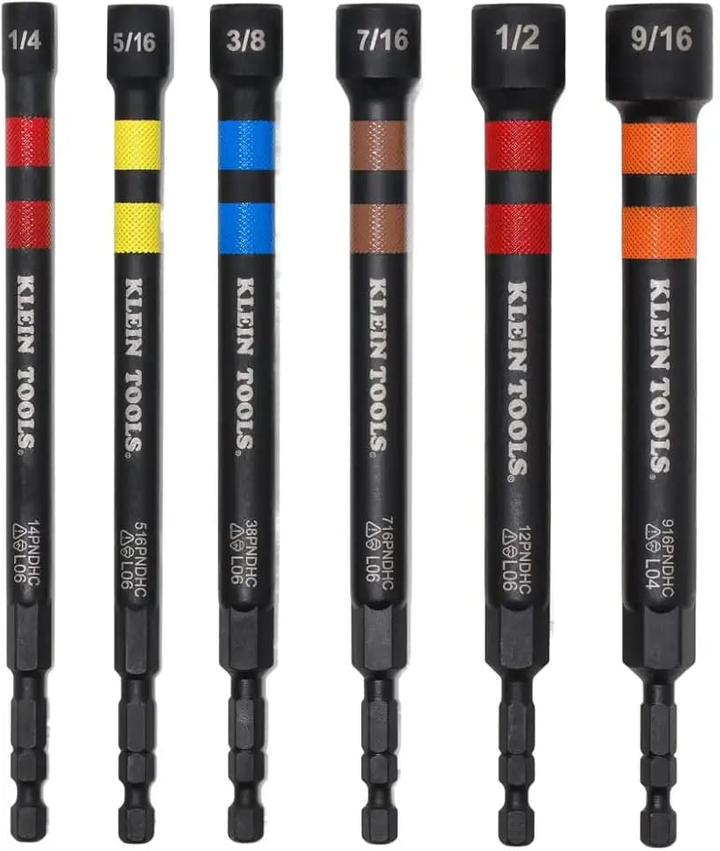 Klein Tools 32940 SAE Magnetic Hollow Impact Nut Drivers Set, 6-Piece Color Coded Hollow Power Nut Driver with Extended Reach, 6 SAE Sizes