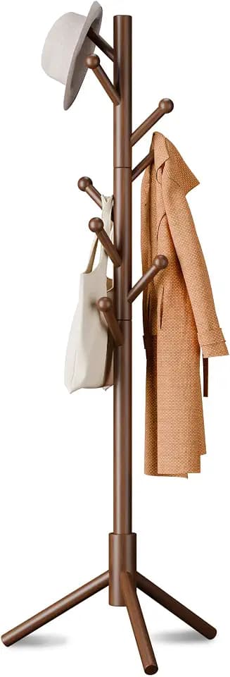 8-Hook Freestanding Coat Rack 3 Heights Safe Round Tips Brown