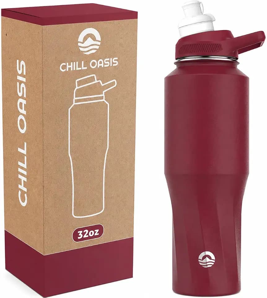 Chill Oasis Water Bottle | Compatible With Popular Flavor Cartridges | BPA Free, Leak Proof, Double-Walled Vacuum Insulated Stainless Steel, and Dishwasher Safe | Cold for 24 Hours (Merlot, 32oz)