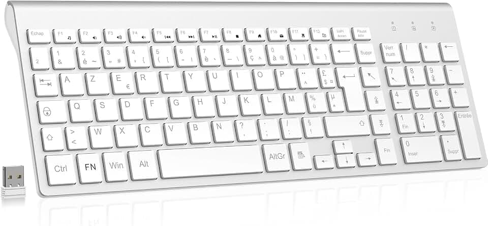 cimetech Kabellose Tastatur, AZERTY, Französisch, mit Nano-USB-Empfänger, 2,4 GHz, ergonomisch, kompatibel mit Windows/MacOS, Windows PC, Laptop – Silber