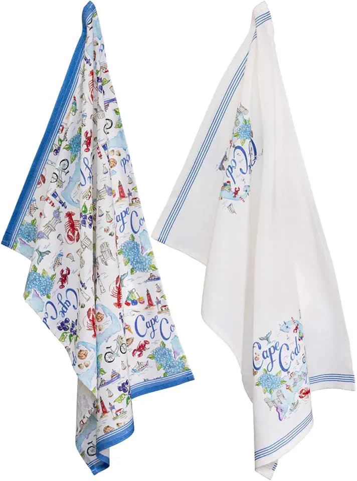 Boston International Tea Towels Rosanne Beck State Collection Set of 2 Soft & Absorbent Reusable Cotton Dish Cloths, 28" x 18", Cape Cod