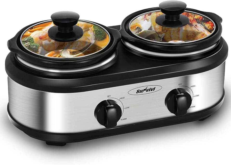 Sunvivi Dual Slow Cooker, Buffet Server and Food Warmer, Small Mini Pot with 3 Adjustable Temp & 2 Visible Glass Lids, for Parties, Holidays and Entertaining, Stainless Steel, 2 * 1.25 Quarts