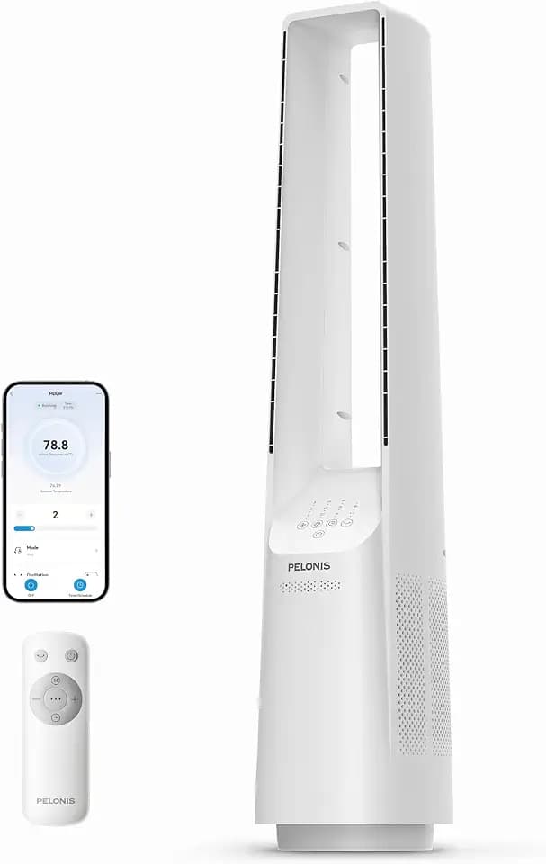 PELONIS Bladeless Tower Fan with 26-33ft Powerful Airflow, Alexa and Google Compatible, 6-Speed Settings, Quiet DC Motor, 120° Oscillation, 7-Hour Timer - Ideal for for Bedroom Home Office Use,White
