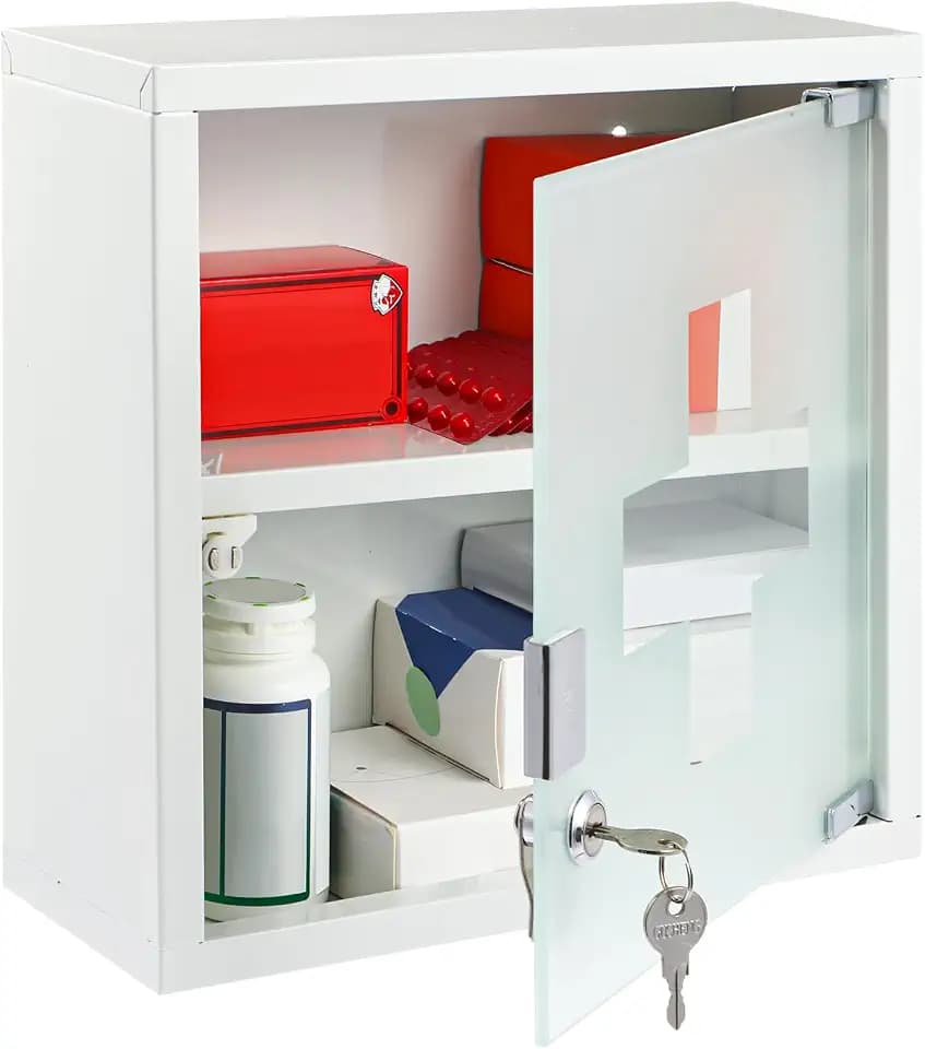 Timgle First Aid Wall Cabinet with Lock Medicine Wall Mounted Bathroom Storage Hanging Medical Cabinet with Safety Glass Door for Bathroom(2 Shelves,White)