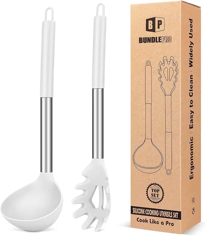 BUNDLEPRO Silicone Soup Ladle and Pasta Spoon Set, 2 Pack, White