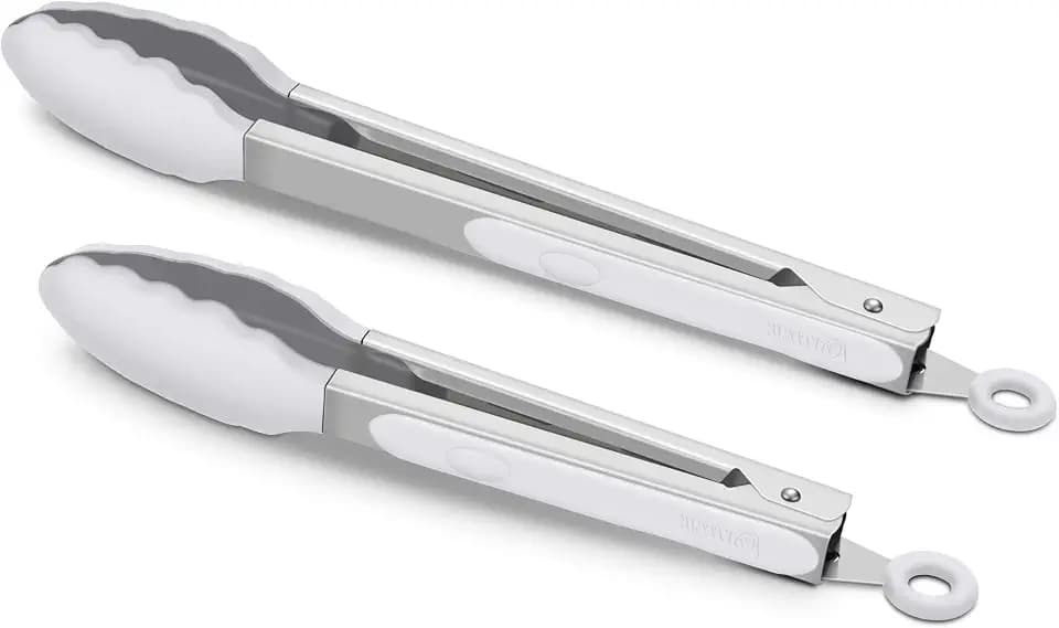 2 Pack Silicone Kitchen Tongs, 9 & 12 Inch, Stainless Steel, Light Grey