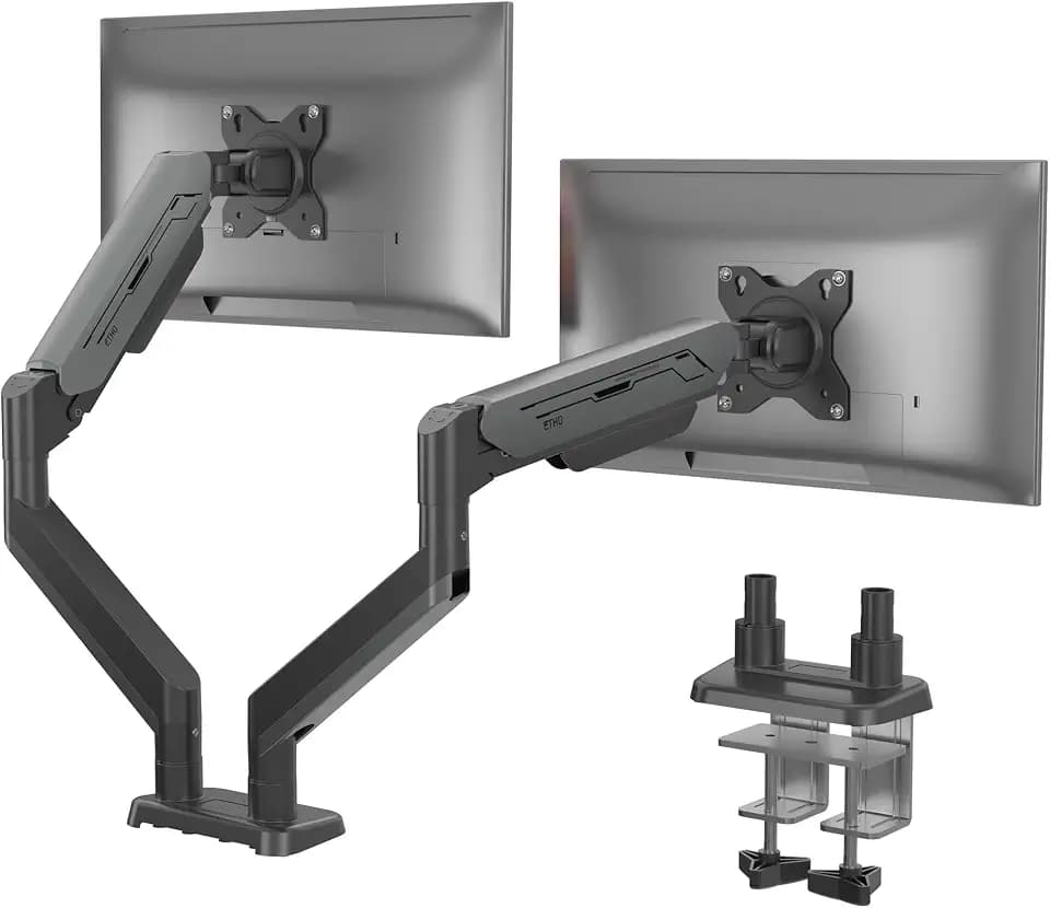 ETHU Dual Monitor Halterung mit Gasfeder bis 12 kg - Bildschirmhalterung 2 Monitor für 17-38 Zoll Bildschirme, Gaming Monitorhalterung mit 2 Montageoptionen, VESA 75 & 100, Schwarz