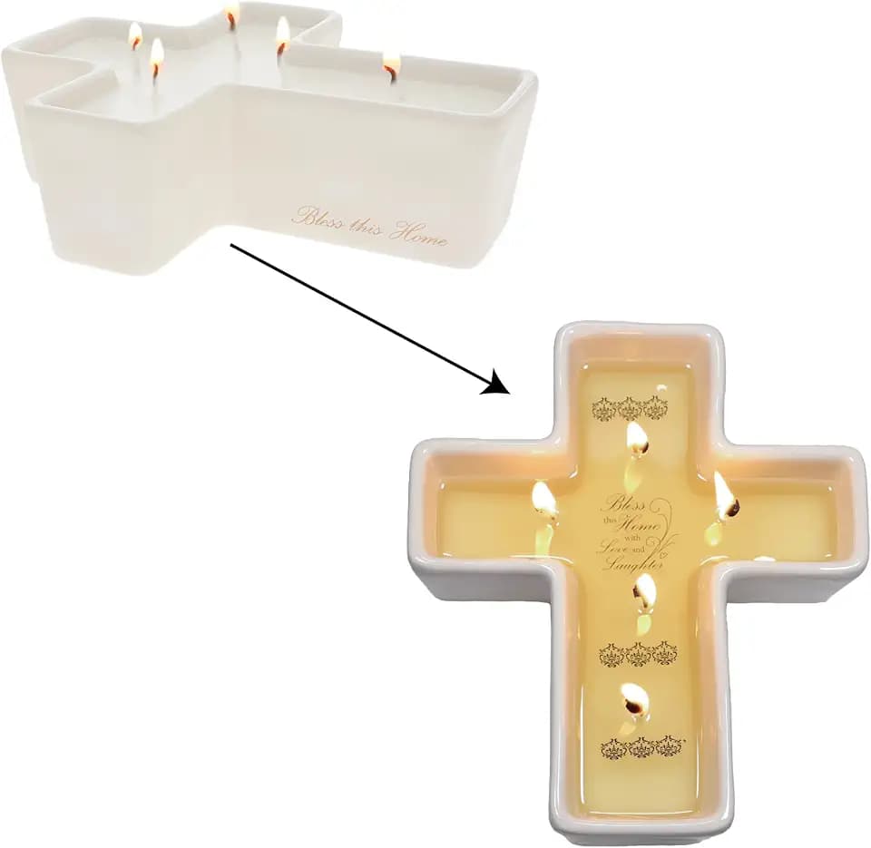 Pavilion Gift Company - Bless This Home - 12 oz Ceramic Cross Candle Leather Scented Religion Faith Religious Home Decor