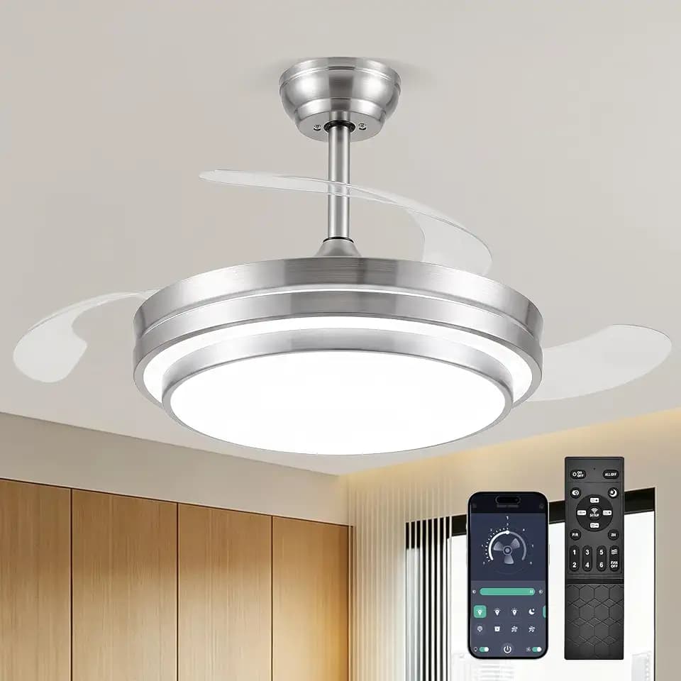 42 Inch Fandelier Ceiling fan with Light and APP/Remote,Dimmable Retractable Ceiling Fan with Lights,6-Speed,Reversible Motor,Noiseless,Modern Ceiling Fans for Bedroom/Living Room(Brush Nickel)