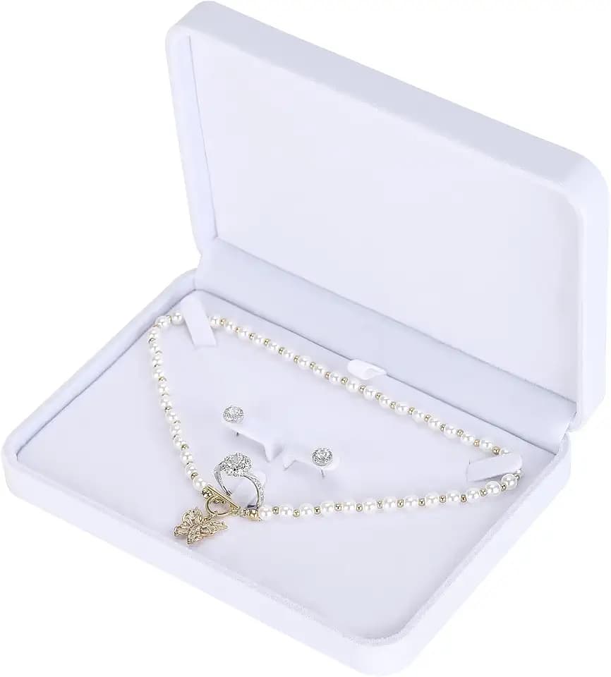LETURE Large Velvet Jewelry Set Box, Big Necklace and Ring Earring Pendant Gift Box, Pearl Necklace/Chunky Necklace Jewelry Storage Case (White)