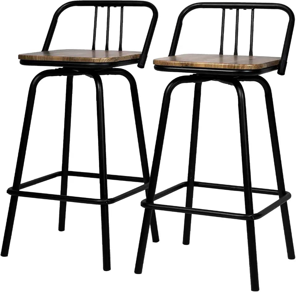 Industrial Design Bar Stools with Low Backrest, Square Counter Stools with Footrest, Kitchen Island Swivel Chairs, Set of 2