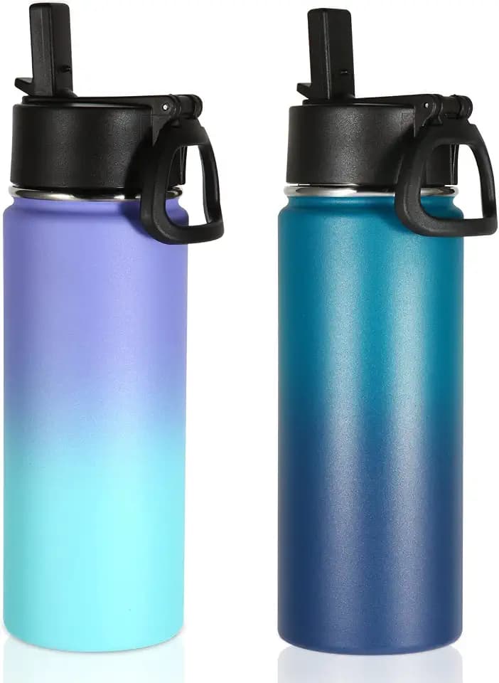 Volhoply 18oz Insulated Water Bottle Bulk 2 Pack,Kids Stainless Steel Water Bottles with Straw,Wide Mouth Reusable Metal Bottle,Double Wall Vacuum Sports Flask For Cold Drink(Assorted,2 Set)