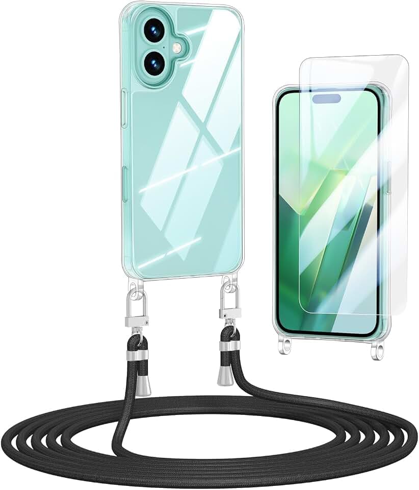 Verbesserte Handykette für iPhone 16 Hülle mit Band + 1 Schutzfolie, Necklace Stoßfest Handyhülle iPhone 16 Case Transparent Schutzhülle zum Umhängeband Abnehmbar, Schwarz