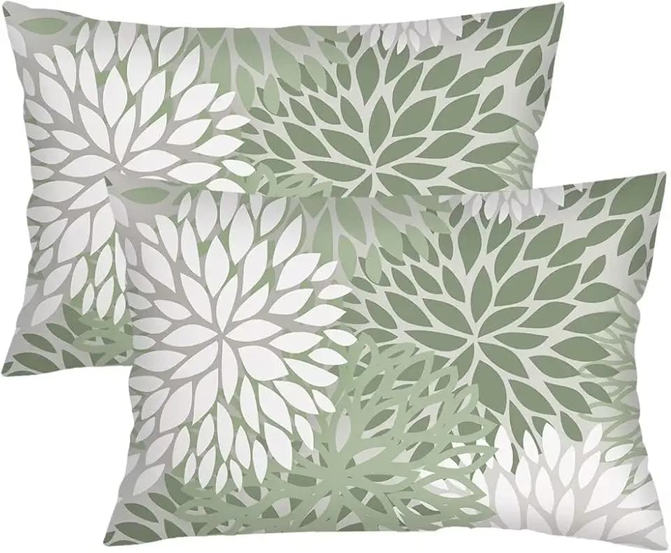 Sage Green Throw Pillow Cover Queen Size Set of 2 Spring Floral Lumbar Pillow Case Farmhouse Dahlia Pillow Covers Soft Standard Pillow Cases with Zipper Decorative Modern Flower Cushion Covers,20"x30"