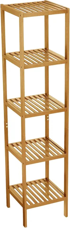 Garvee 5-Tier Bamboo Shelf Narrow Bathroom Shelf with Slatted Shelves Natural Wood Plant Stand Standing Towel Rack Corner Rack for Bathroom Entryway Bedroom Kitchen Sunroom