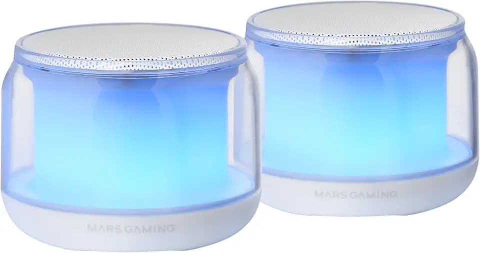 Mars Gaming MS-Aura, Bluetooth-Lautsprecher 5.3, DSP-Chipsatz 15W, RGB-Beleuchtung mit Clearview 360º Design, Kompakte Lautsprecher mit Lautstärke- und RGB-Kontrollbox, AUX-IN Eingang, Weiß