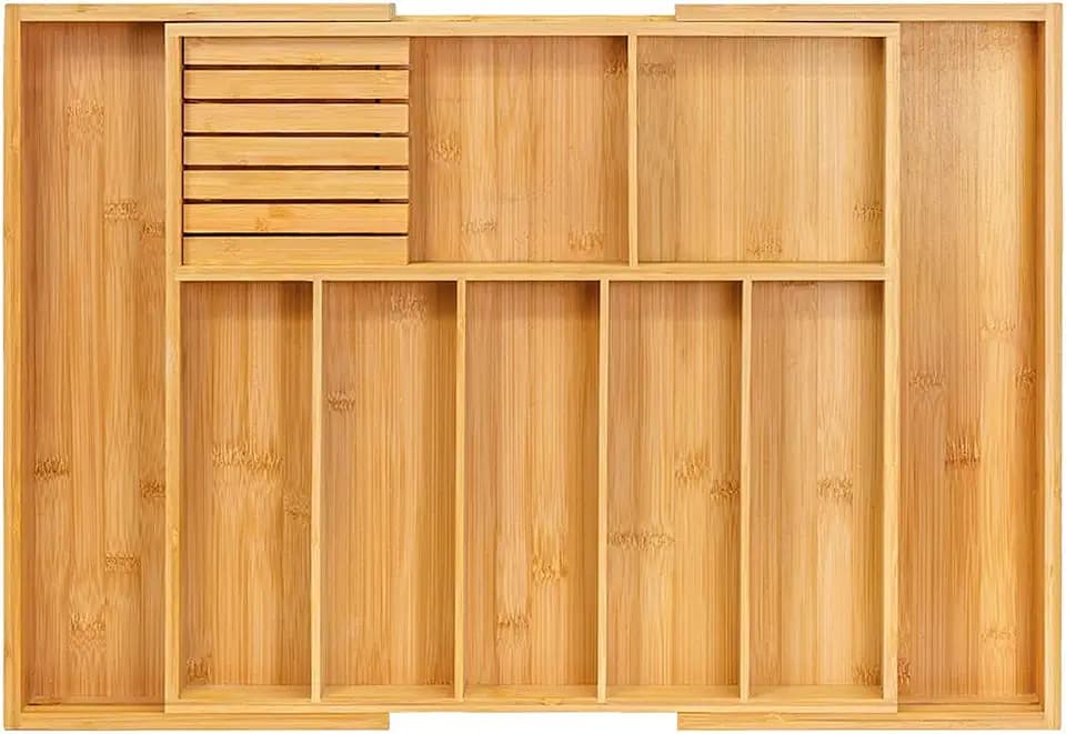 VaeFae Extra Large Kitchen Utensil Holder, Bamboo Silverware Drawer Organizer, Expandable Cutlery Organizer with Knife Block, Multifunctional Drawer Divider