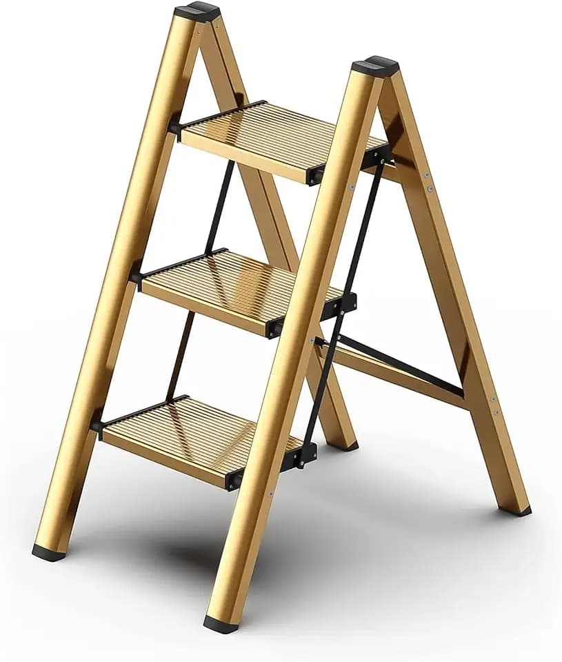 HISMOCAL 3 Step Stool, Gold Aluminum Folding Step Ladder, 330 lb Capacity, Wide Anti-Slip Steps, Lightweight 6.7 lb Portable Ladder for Closet, Pantry & Home