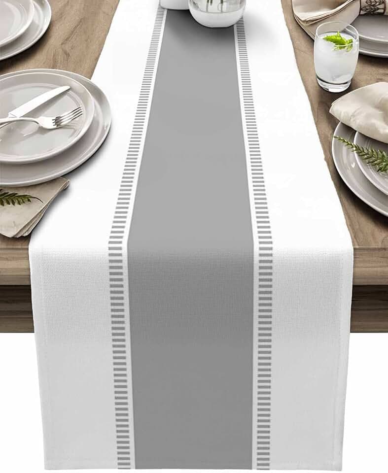Farmhouse Grey Table Runners 108 inches Long, Stripes Linen Table Runner Dresser Scarves,Non Slip Decortaive Table Runner Cover for Kitchen Dining Coffee Table Holiday Party Wedding