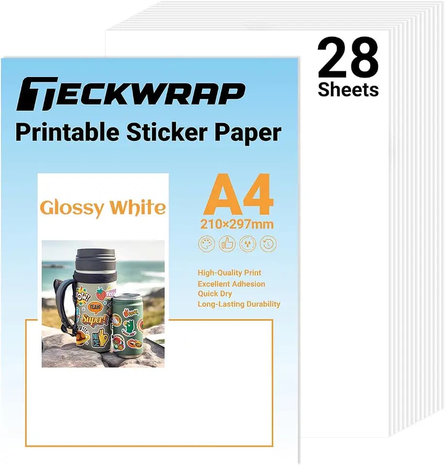 TECKWRAP Printable Vinyl Sticker Paper for Inkjet Printer, Glossy White Inkjet Printable Sticker Paper, 8.26" x 11.69" A4 Size for Craft Cutter, Scrap-booking, Home Decor, 28 Sheets/Pack