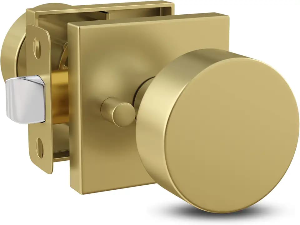 Mega Handles Privacy Door Knob with Lock for Bedroom and Bathroom, SUANA Reversible Interior Knobs, Zinc Alloy with Square Rosette, Fits Standard Sizes, Adjustable Latch - Satin Brass (1 Pack)