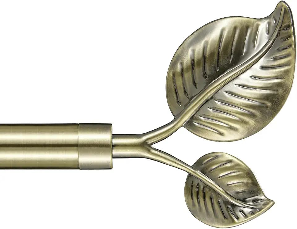 Decorative Curtain Rod with Leaf Finials, 1Inch Diameter 48-84 Inch Adjustable Length Single Drapery Window Rods Telescoping Structure, Antique Bronze