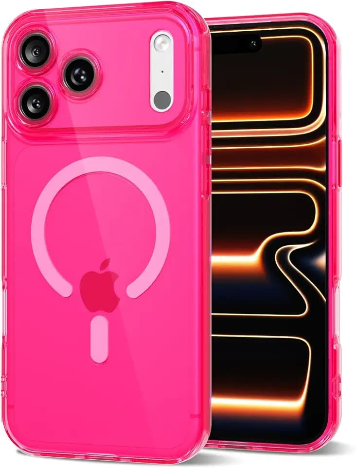 Svanove for iPhone 17 Pro/ 18 Pro Case Clear Compatible with Magsafe Silicone, Bright Transparent Thin Magnetic Mag Safe Case Cute, Girly Camera Cover Protection, Fluorescent Neon Hot Pink