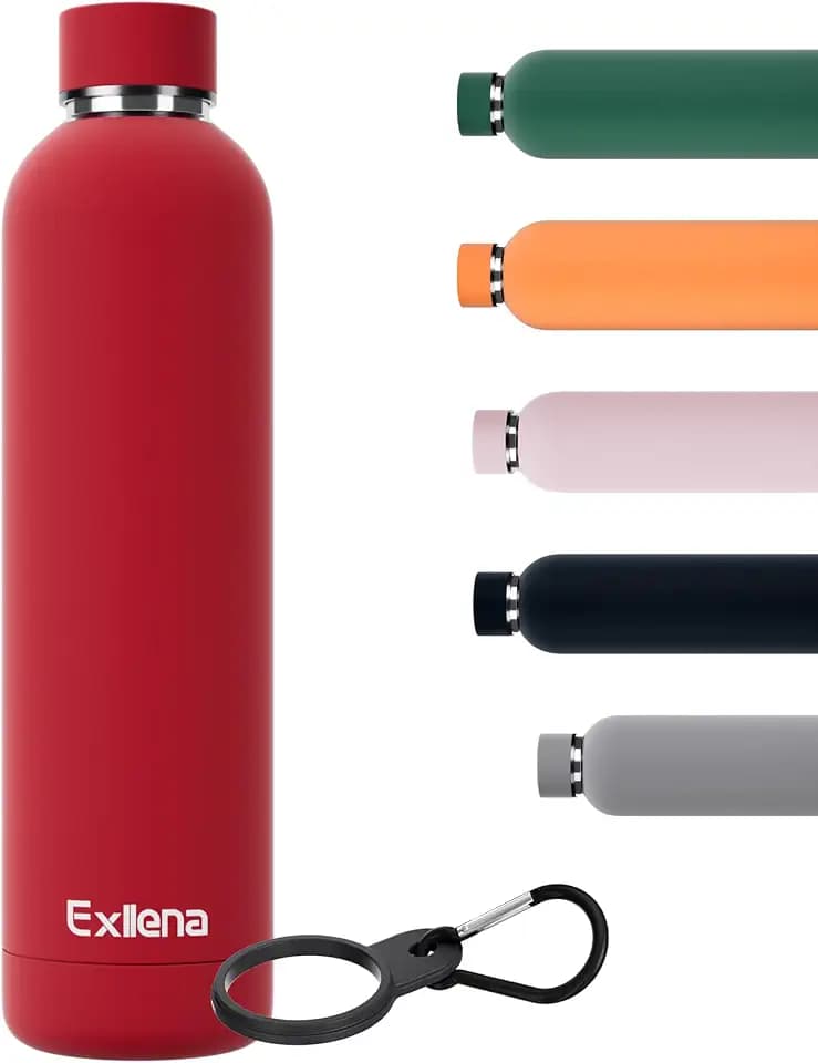 Exllena Slim Insulated Water Bottles for Travel 32oz with Clip, Double Wall Vacuum Stainless Steel Water Bottle Keeps Drinks Cold 24 Hrs/Hot 12 Hrs, 100% Leakproof, BPA Free(Red)
