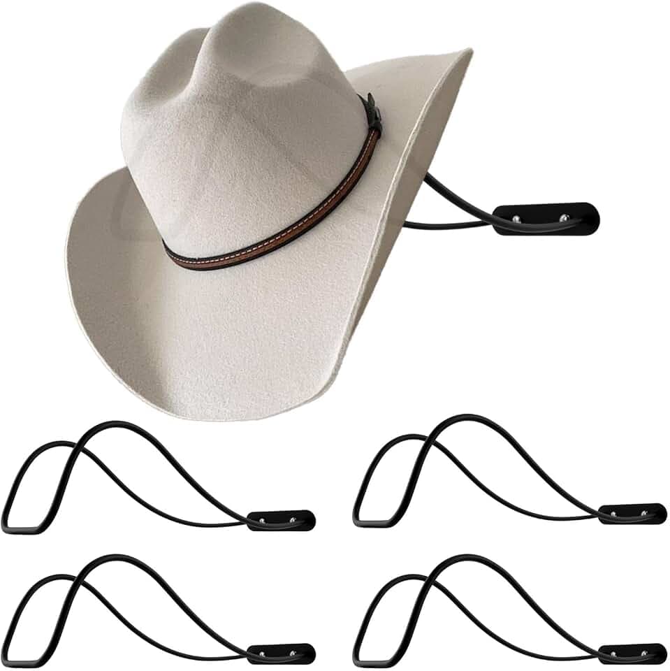 4 Pack Cowboy Hat Holder for Wall, Metal Hat Rack with Curved Support Design, Western Hat Organizer for Cowboy Hats, Fedora, Sun Hats and Wide Brim Hats, Screws and Anchors Included