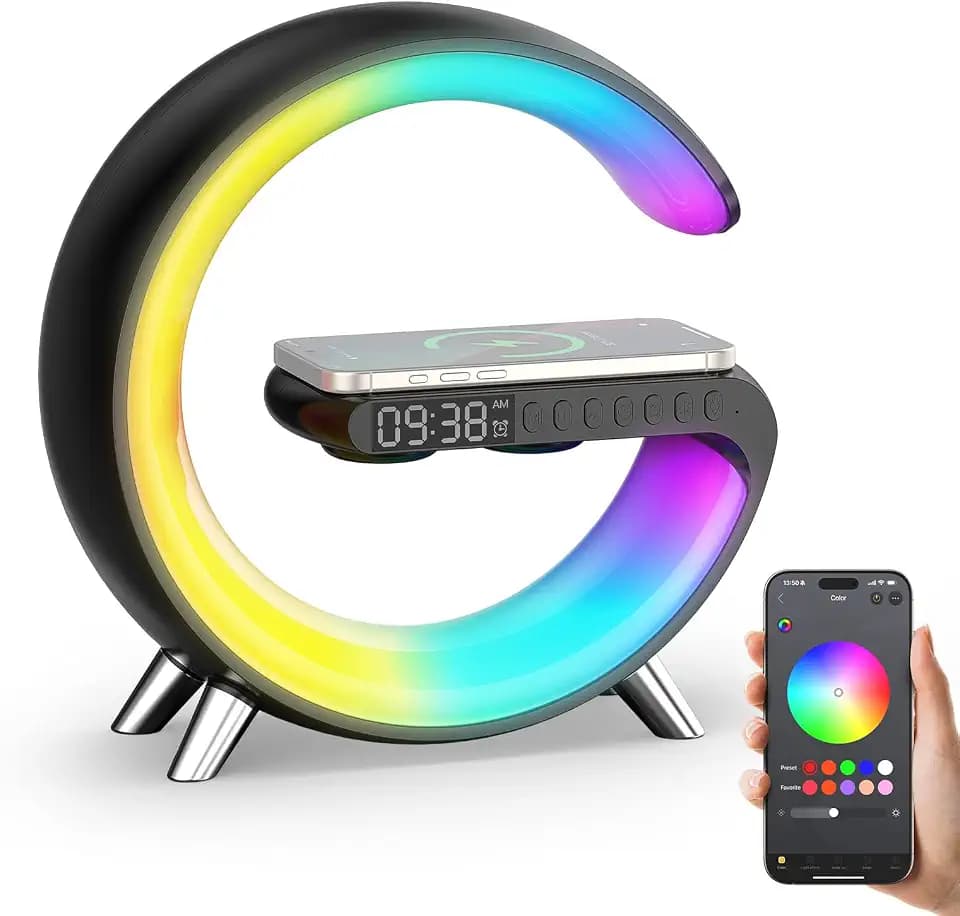 Smiling Shark Lichtwecker, Intelligente Wecker Licht Atmosphärenlicht mit Kabelloses Ladegerät Bluetooth Lautsprecher Dimmbar Naturgeräuschen App Steuerung Sonnenaufgang Licht Wecker für Wohnzimmer