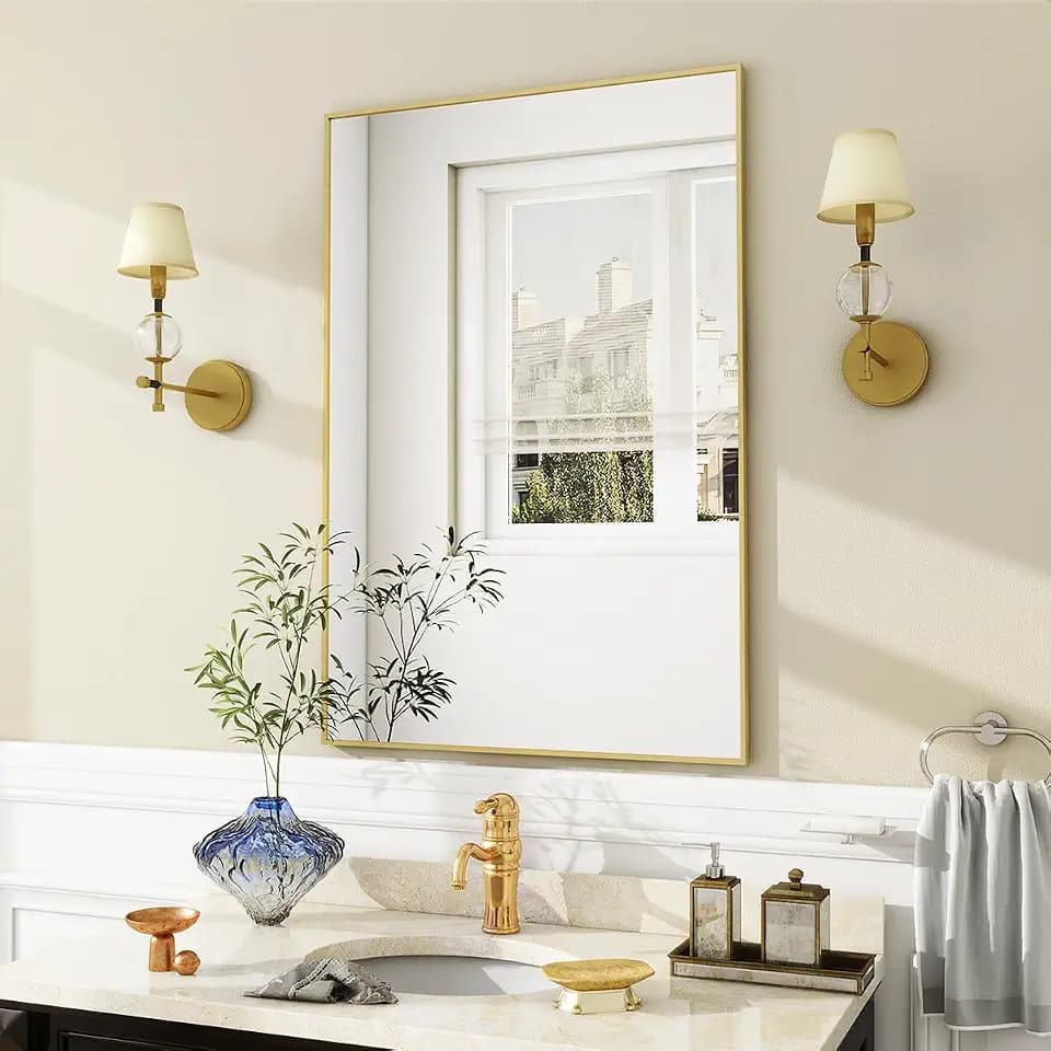 BEAUTYPEAK 20" x 28" Bathroom Wall Mirror with Metal Frame, Gold
