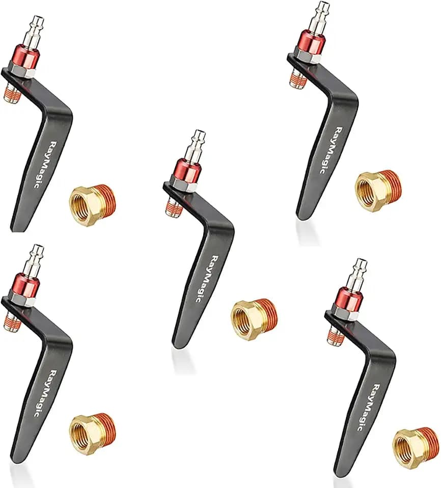RayMagic Steel Pneumatic Tool Rafter Hook Hanger, Lightweight, Durable,Reusable Metal Organaizer Adjustable Easy Install Hooks With 1/4" Air Tool Swivel Fitting, for Air Nailer, 5-Piece Brass Fitting