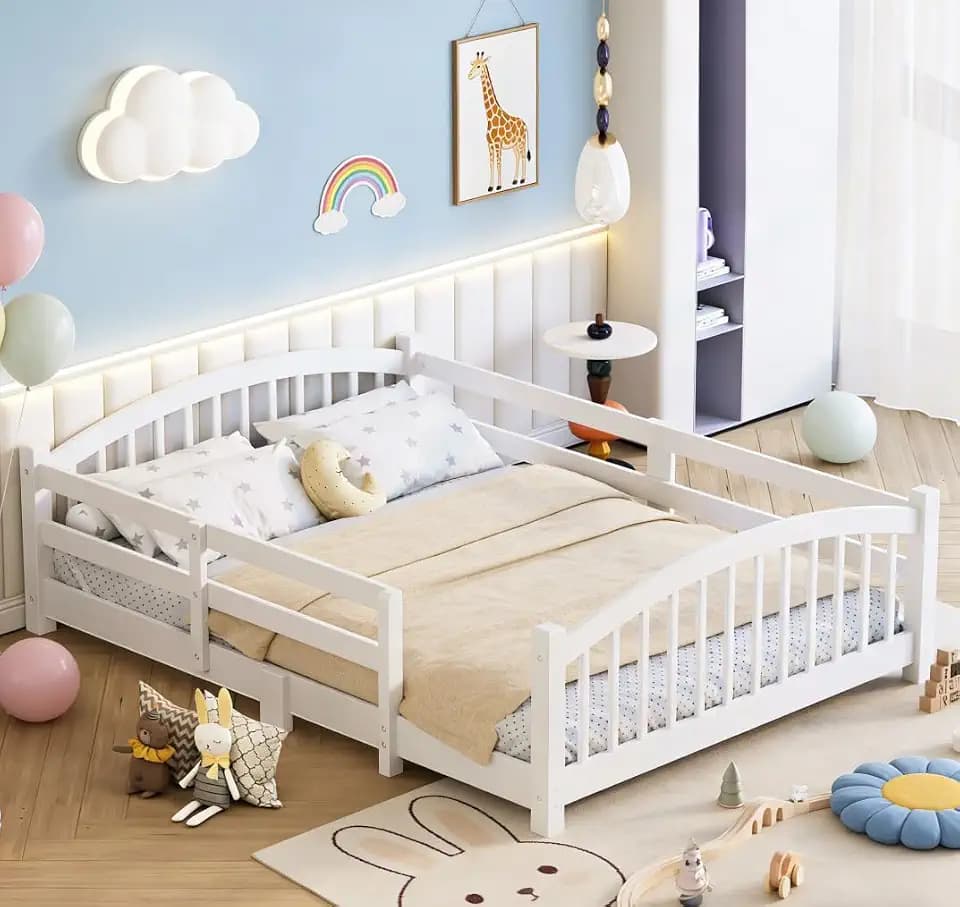 Bellemave Full Size Floor Bed for Kids, Full Floor Bed with Fence, Wooden Montessori Floor Beds, White with slats