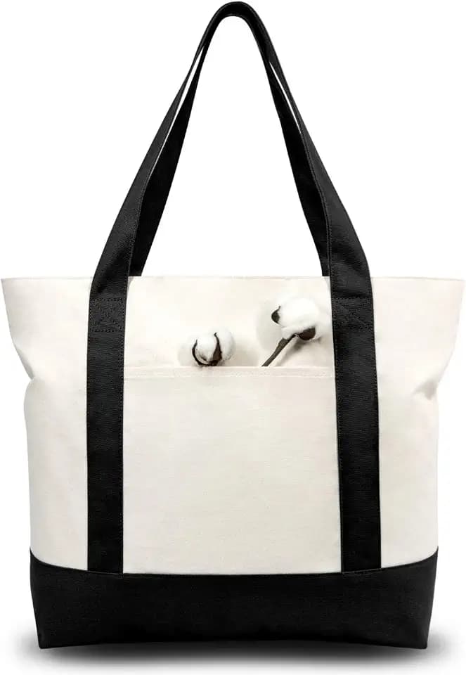 TOPDesign 3-Pack Canvas Tote Bags with an External Pocket, Reusable Grocery Shopping Bags, Top Zipper Closure, Daily Essentials (Black/Natural)
