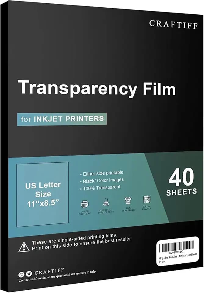 Ohp Clear Printable Transparency Film 8.5 x 11 Inches for Overhead Projectors, for Inkjet Printers, 40 Sheets