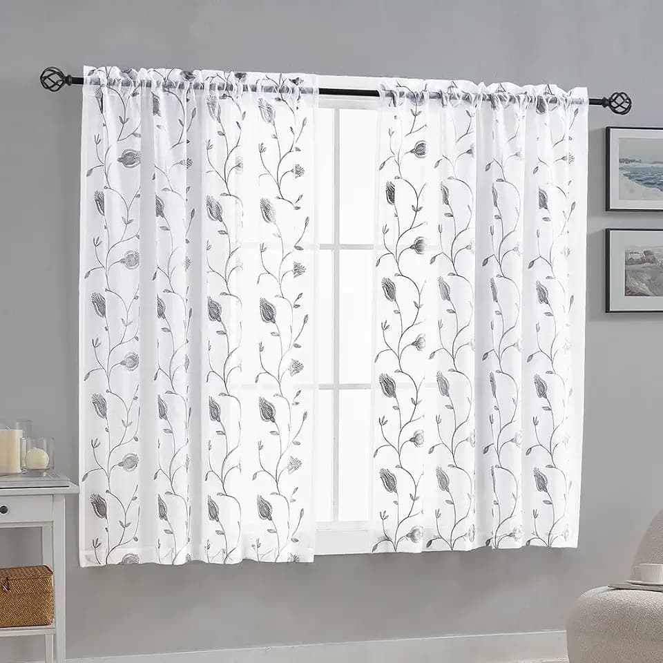 Sheer Curtains White-Grey 63 Inches, Floral Embroidery Rod Pocket Voile Drape for Living room, Bedroom, Window Treatments Semi Crinkle Curtain Panels for Yard, Patio, Villa, Parlor, Set of 2, 52"x 63"