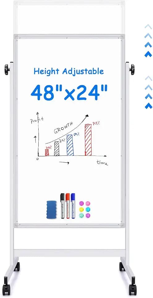 Maxtek Rolling White Board 48 x 24in,Height Adjustable Whiteboard on Wheels