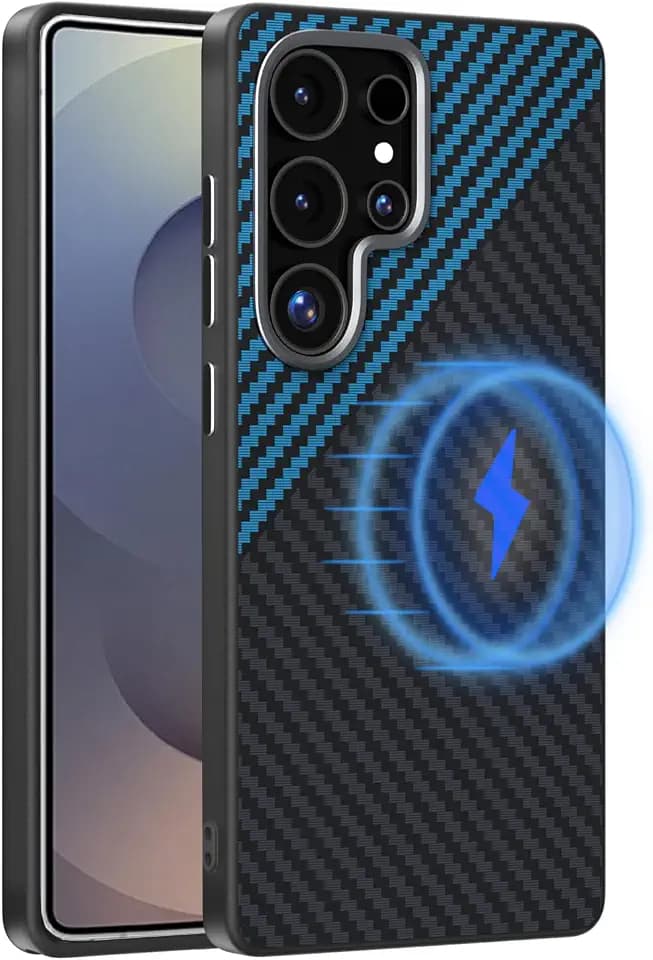 Magnetic Carbon Fiber Case for Samsung Galaxy S25 Ultra Compatible with MagSafe, Slim & Ultra Thin Aramid Fiber Anti-Scratch Military-Grade & Metal Camera Shockproof Case, Black&Blue