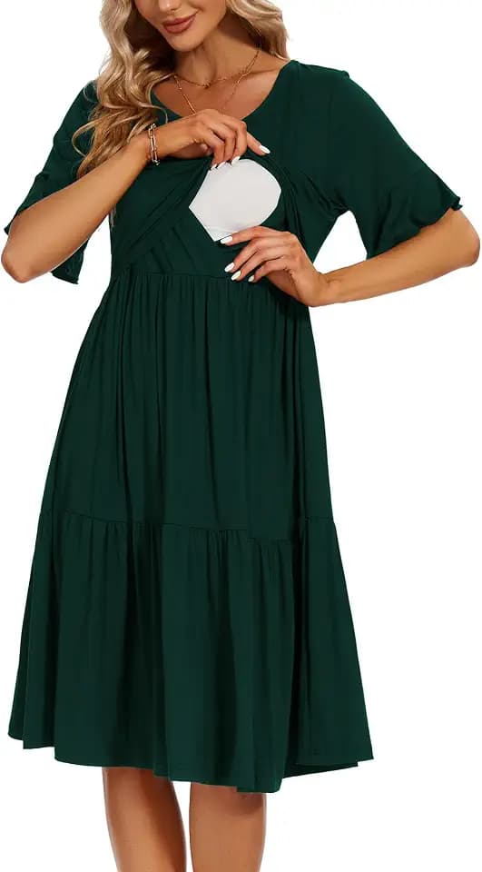 Smallshow Damen Stillkleid Kurzarm Rüschen Umstandskleid Umstandsmode