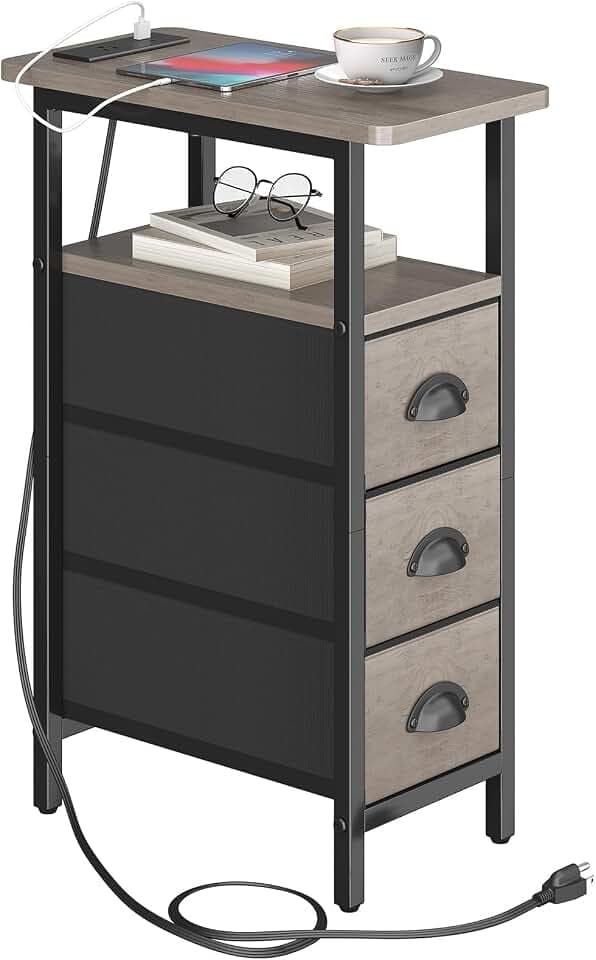 sthmec End Table with Charging Station,Narrow Side Tables with USB Ports and Outlets,Skinny Bedside Tables with 3 Drawers,Small Tables Nightstands for Small Space,Slim Sofa Table for Livingroom,Grey