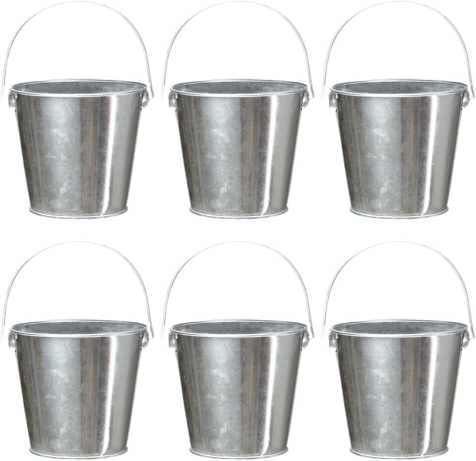 Galvanized Tin Metal Buckets with Handle - 6 Pack 4.3 Inch Iron Pail, Easter Bucket,Pencil Holder and Flower Pots,Craft Supply Holders for Events,School Storage and Party. (Silver, 4.3" Top)