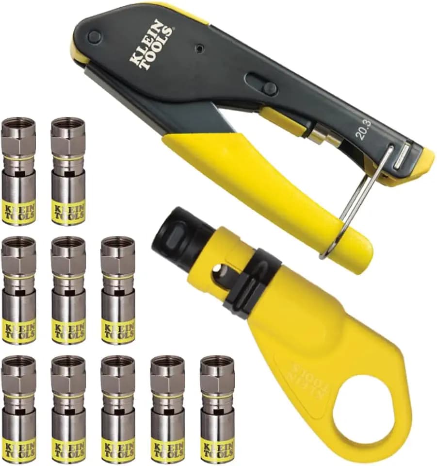 Klein Tools 80151 Coax Cable Compression Crimper and Stripper Set with 10-Pack of RG6/6Q F-Connectors for Fast and Reliable Installation, 3-Piece